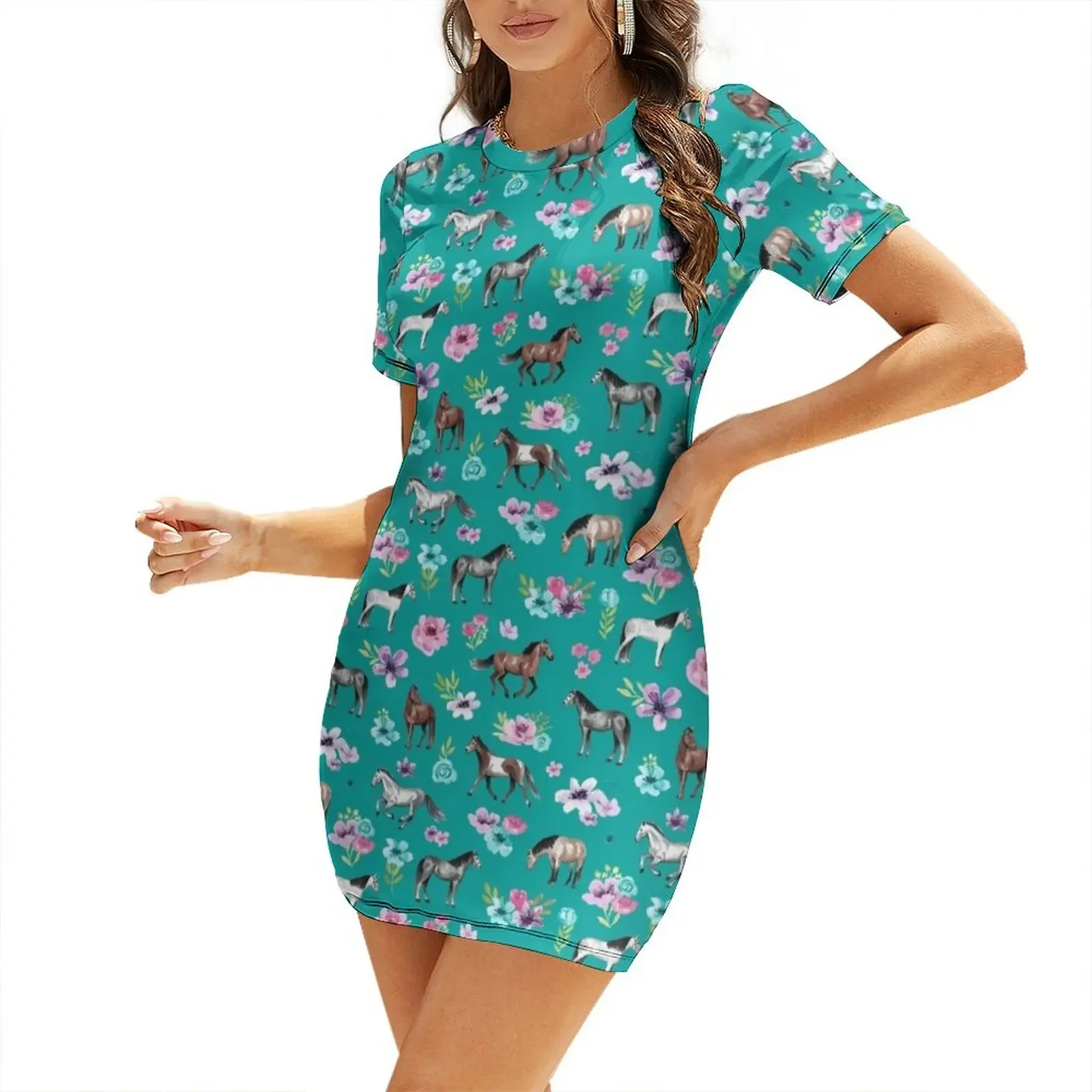 Summer Clothing Online - Konie i kwiaty na turkusowym tle,