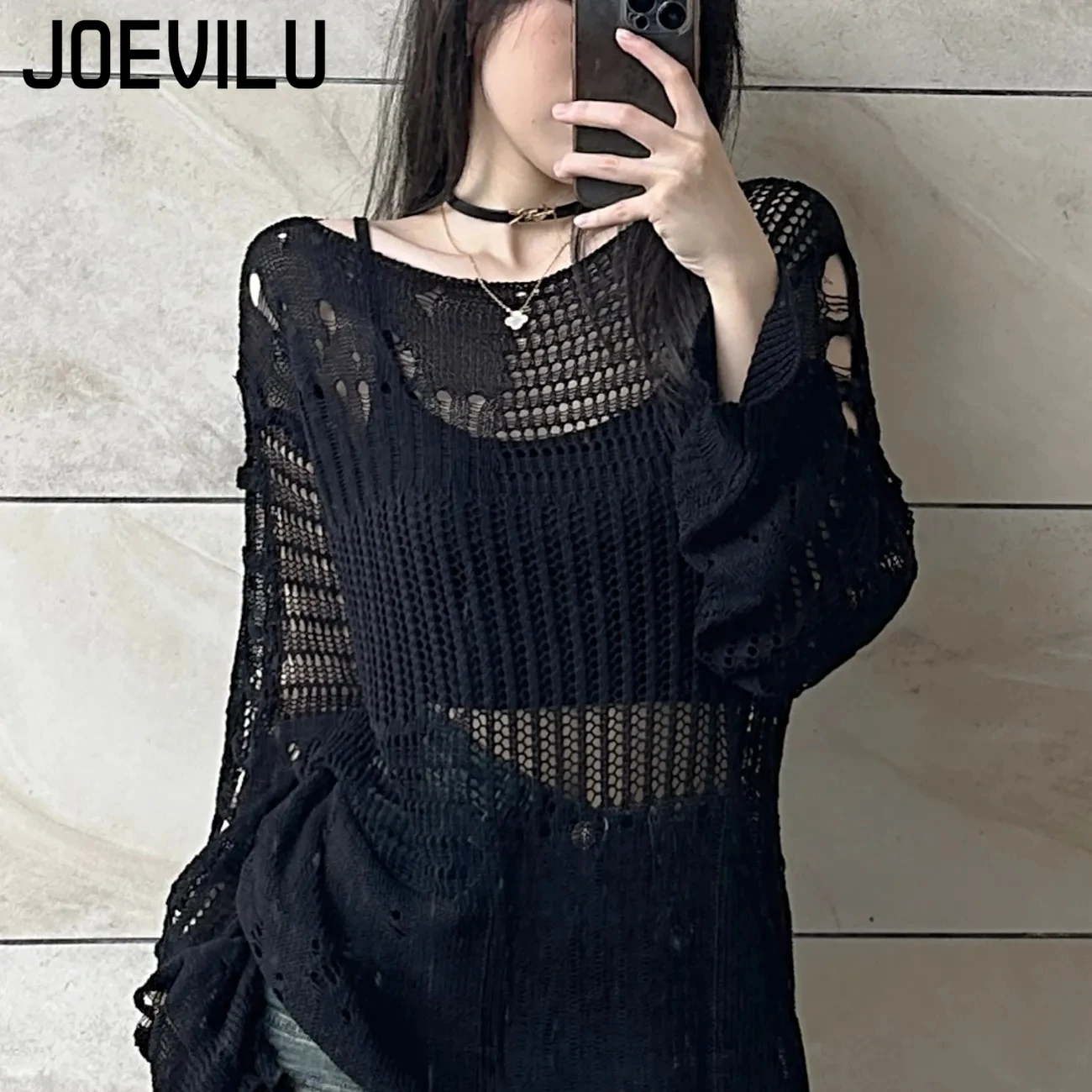 Summer Goth Clothing - JOEVILU Hollow dzianinowa bluzka letnia luźna