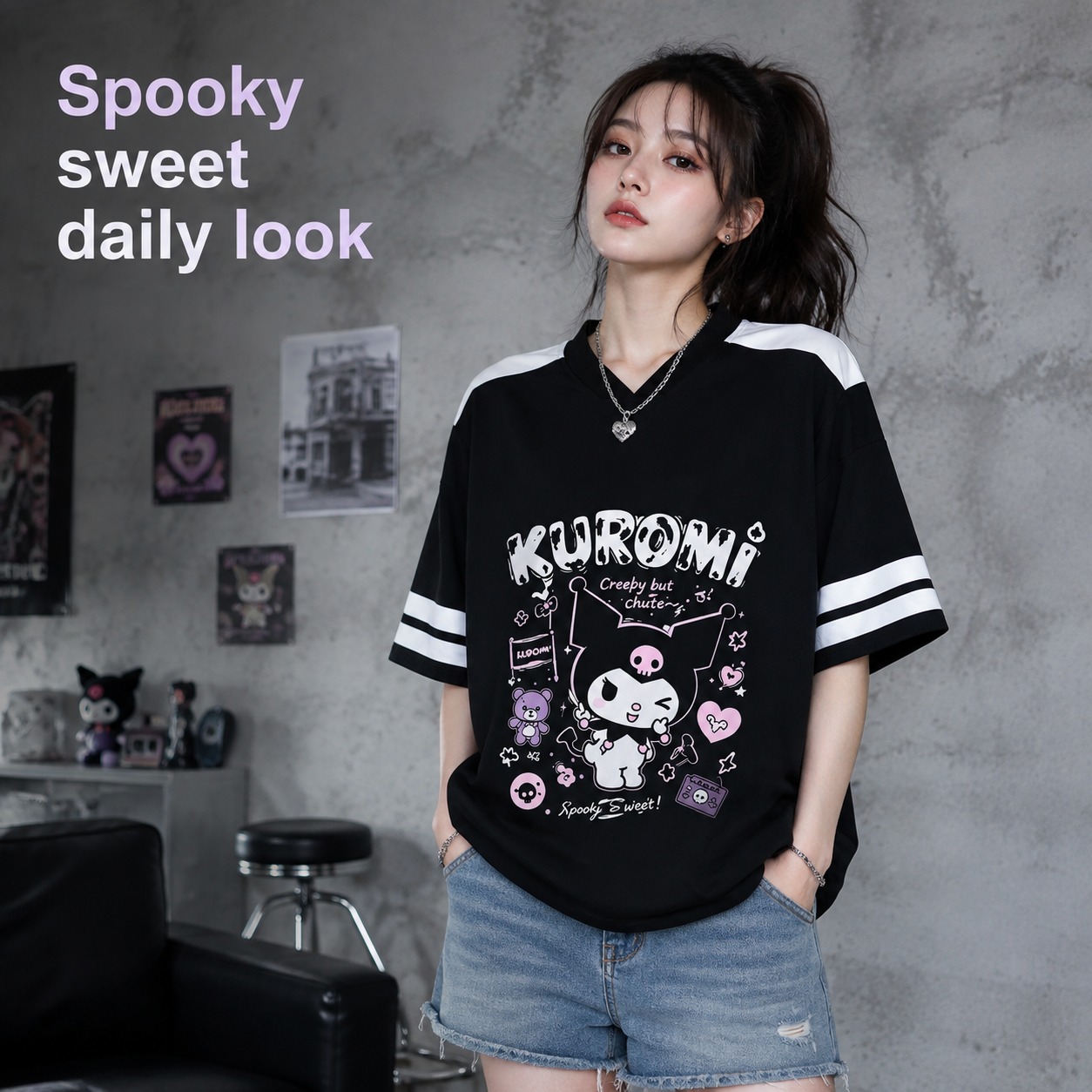 Summer Goth Clothing - Czarno-biała koszulka Kuromi oversize z dekoltem