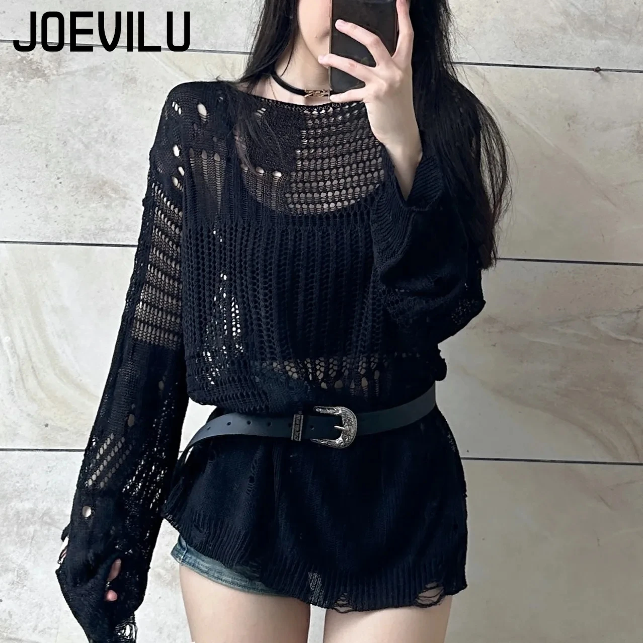 JOEVILU Hollow dzianinowa bluz – Summer Goth Clothing recenzja i cena